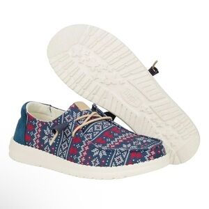 NWT Hey Dude Wendy Winter Sweater Print Casual Canvas Shoes Blue & Red Women's